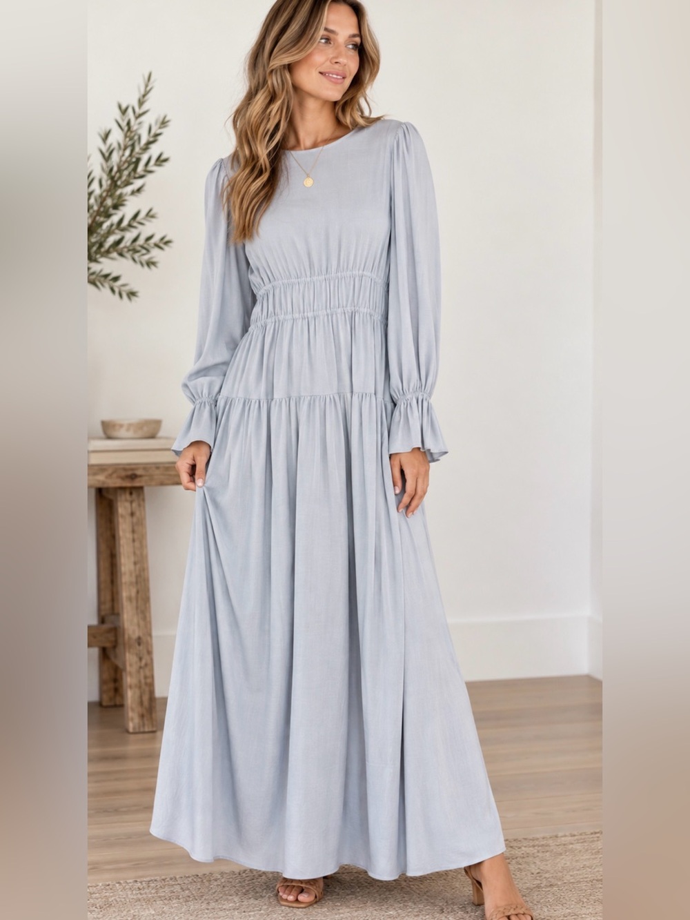 Zahraa The Label Flax Linen Blend Maxi Dress Light Blue XL Modest Boho